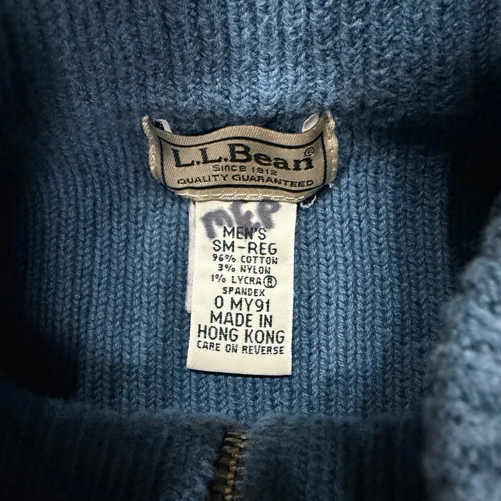LL Bean Mens Full Zip Ribbed Cardigan Sweater Blue Cotton Blend Size Small Reg